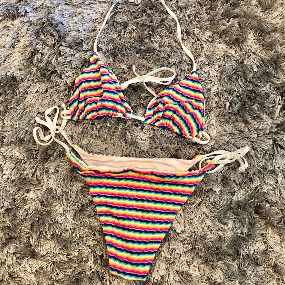 Multi colored stripe and white reversible bikini